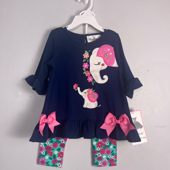 Rare editions Baby 3/4Sleeve Elephant-Applique Top & Floral Print Leggings Set - Picture 2 of 4